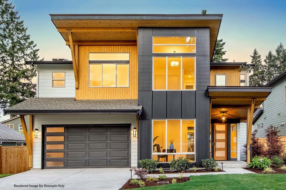 Front view depicting a large, modern luxury home. Rendered plan, not actual home.